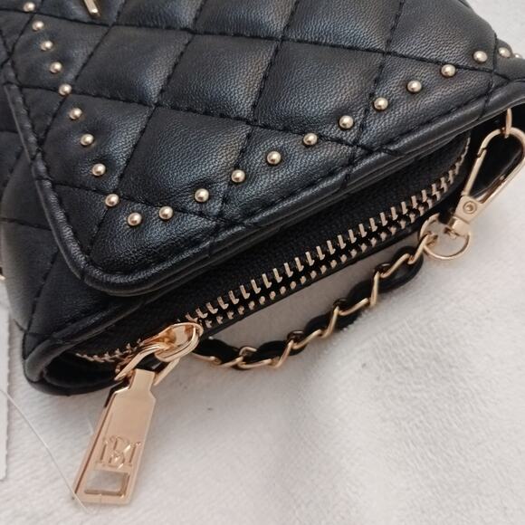 Badgley Mischka Quilted Wallet on a Chain Purse Black Crossbody Gold Studs Glam - Picture 5 of 16
